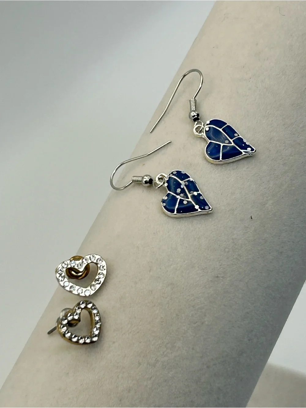 2 Pair Silver-tone Heart Earrings Blue Dangle, Crystal Studs